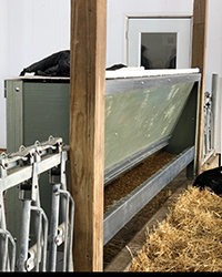 This feeder resembles a steer stuffer but has a smaller capacity to keep grain fresh. The height of the feed floor works well for young animals all the way through weaning. The bunk is at the fence line with no curb, making it much easier for the calves to easily reach the feed. These bunks are made of fiberglass for easier grain flow and cleaning.