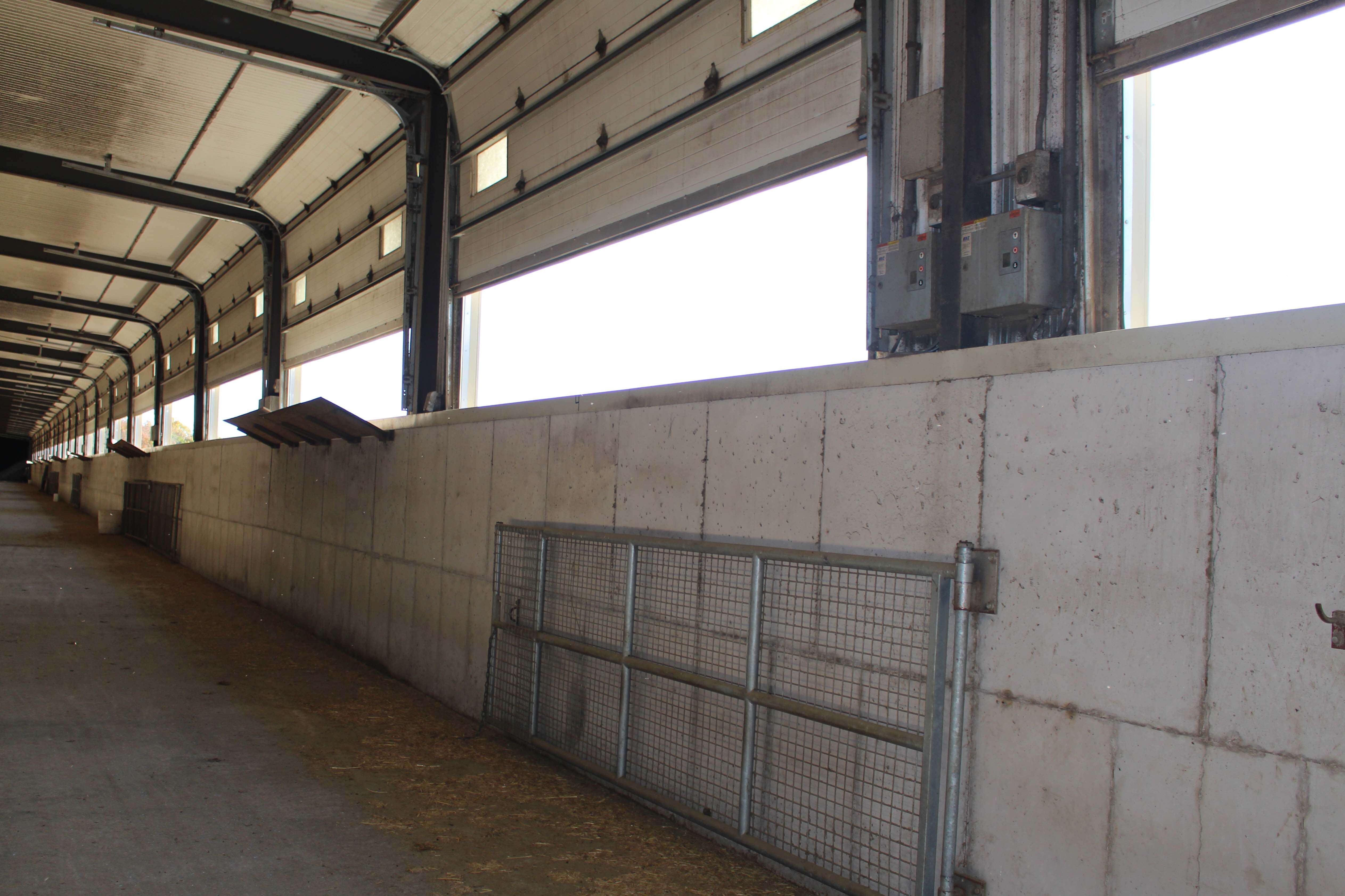 In this cross-ventilated barn, the garage doors are on a thermostat-controlled system. General manager Kevin Wellejus said he likes the doors because they require minimal maintenance.