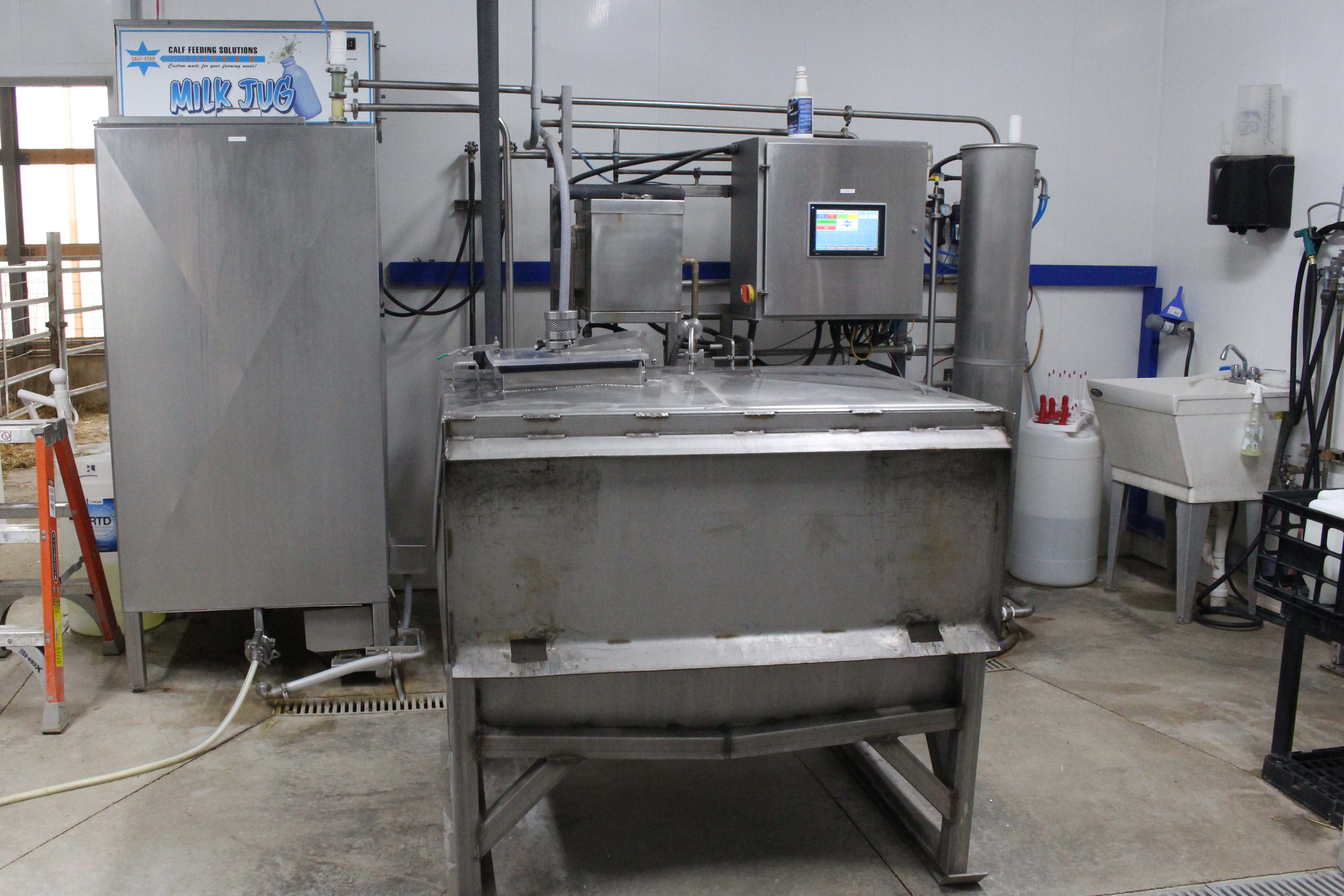 Whole milk is brought from the parlor to the calf barn via this tank. It is pasteurized immediately and then cooled to 38 degrees F until it used by the autofeeder.